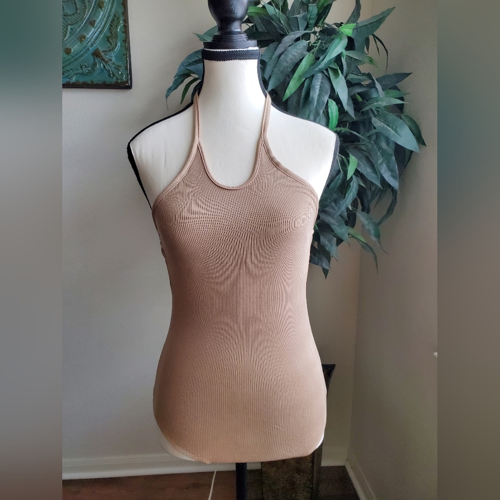 Enza Costa Ribbed Thong Halter Bodysuit In Oat Milk XS